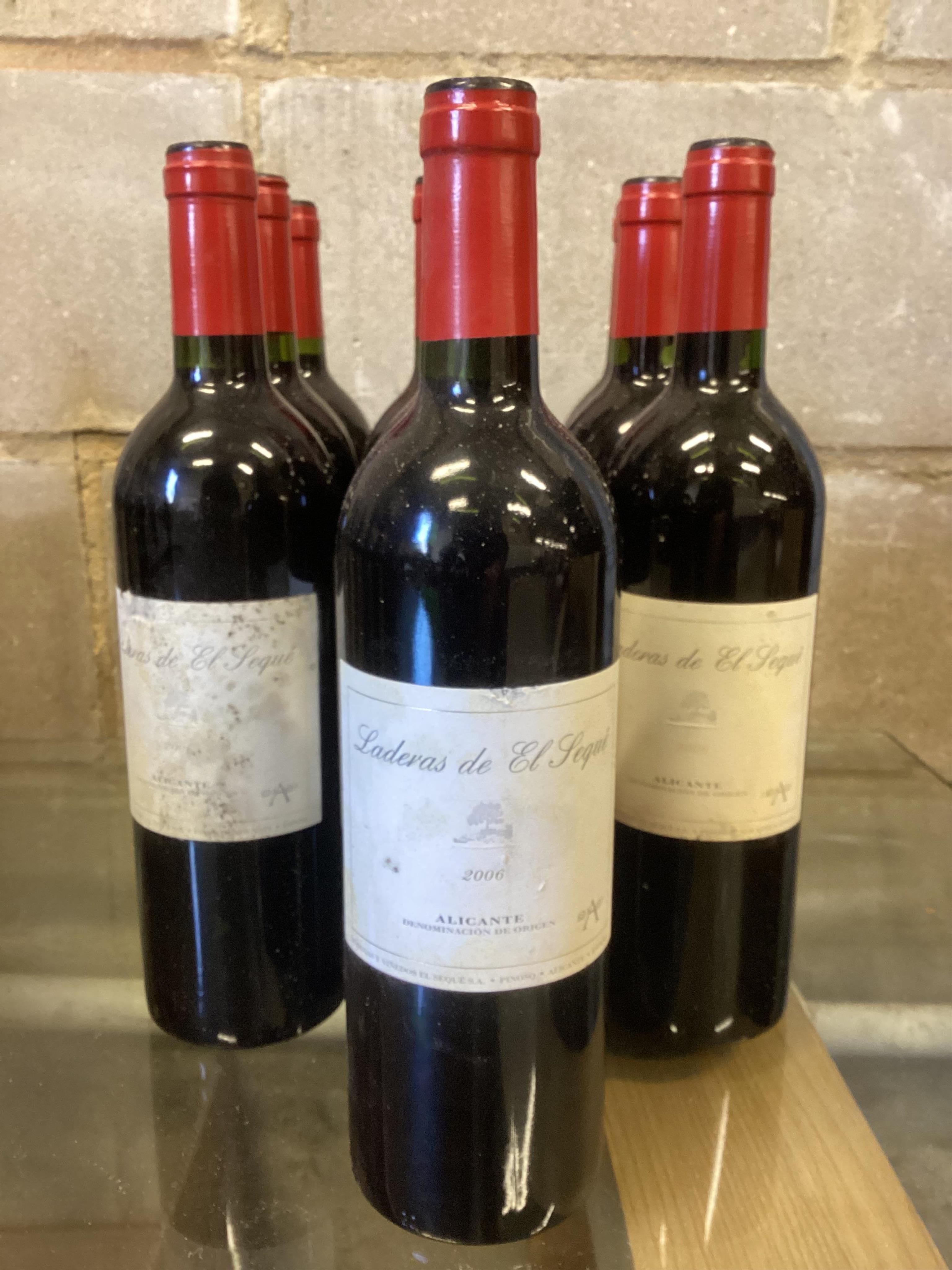 Ten bottles of Laderas De Seque Alicante 2006. (From a local private cellar). Condition - fair